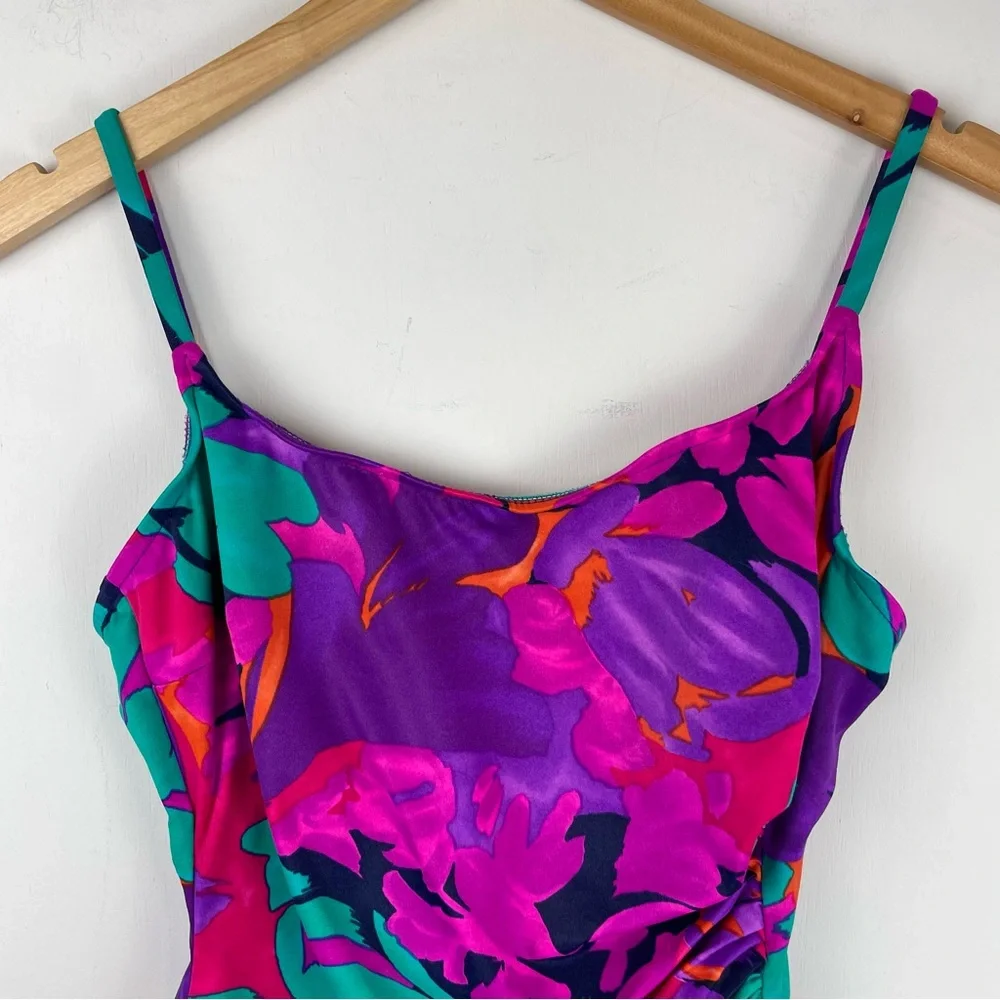 Vtg Y2K Abstract Swim One Piece Sz 16 High Cut Neon Floral Print Ruched